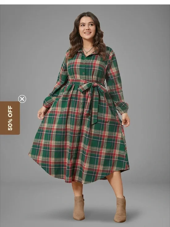 BloomChic Green and Red Plaid Midi Shirt Dress with Belt - Picture 3 of 8
